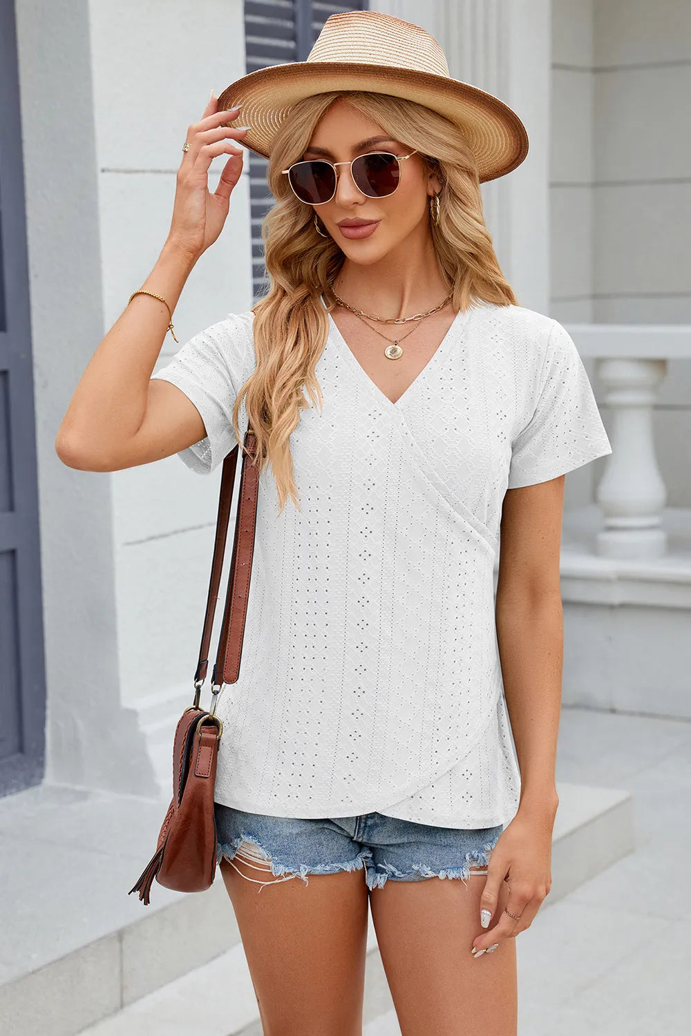 Solid color V-neck cross loose short sleeved T-shirt top for women