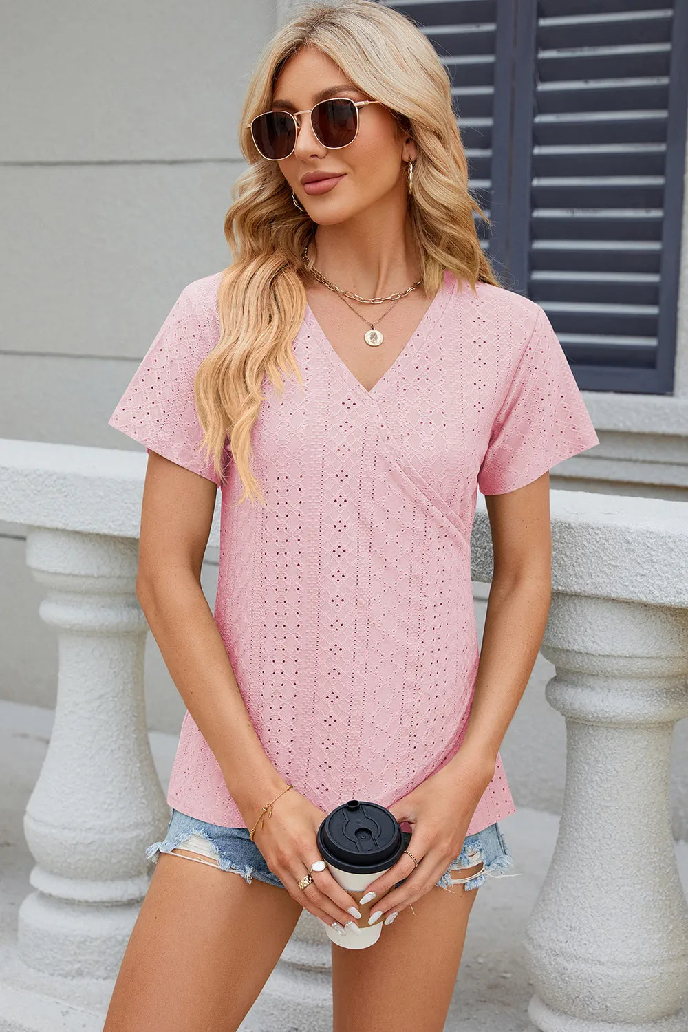 Solid color V-neck cross loose short sleeved T-shirt top for women