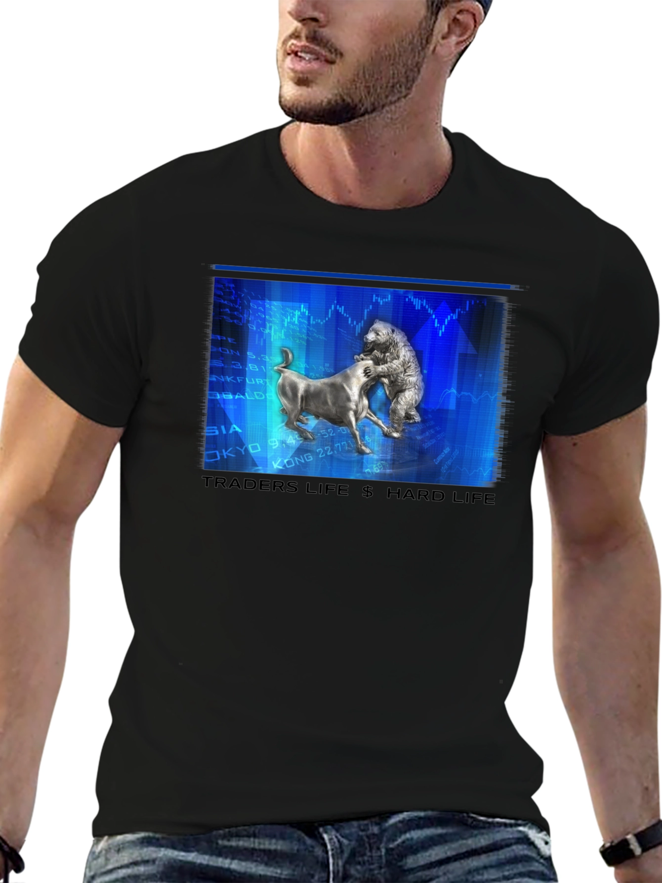 Traders Life Hard Life T-Shirt Bull vs Bear Black Tee
