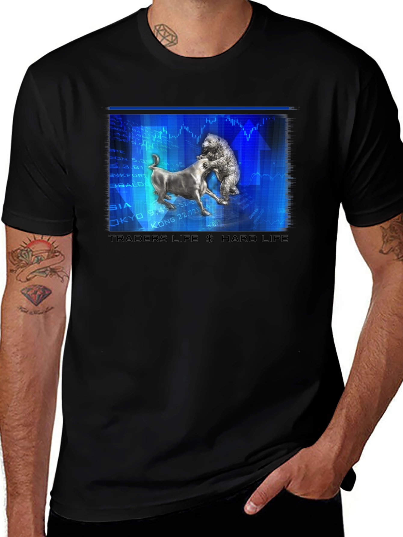 Traders Life Hard Life T-Shirt Bull vs Bear Black Tee