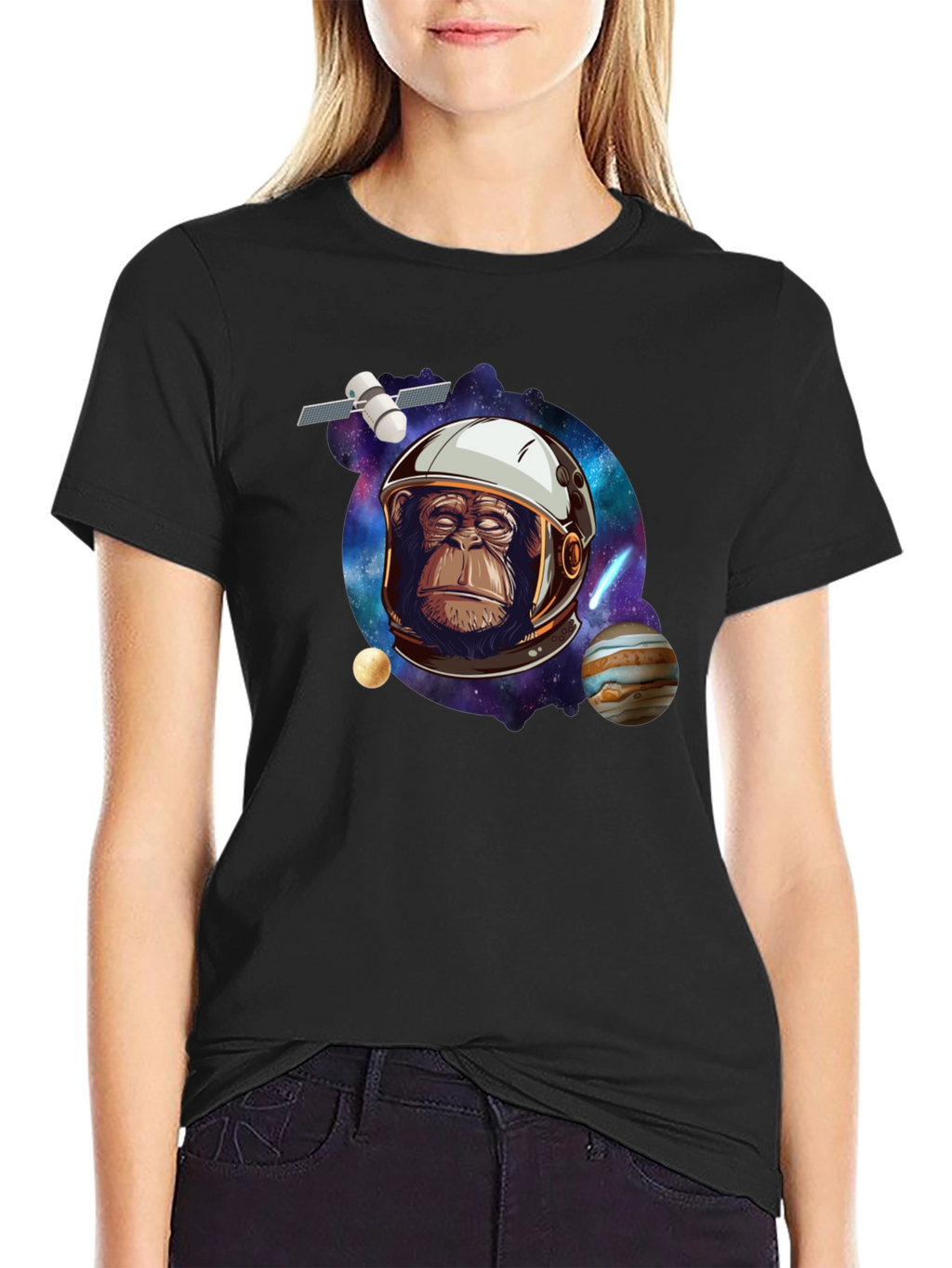 Space Chimp Graphic Tee - Black Cotton