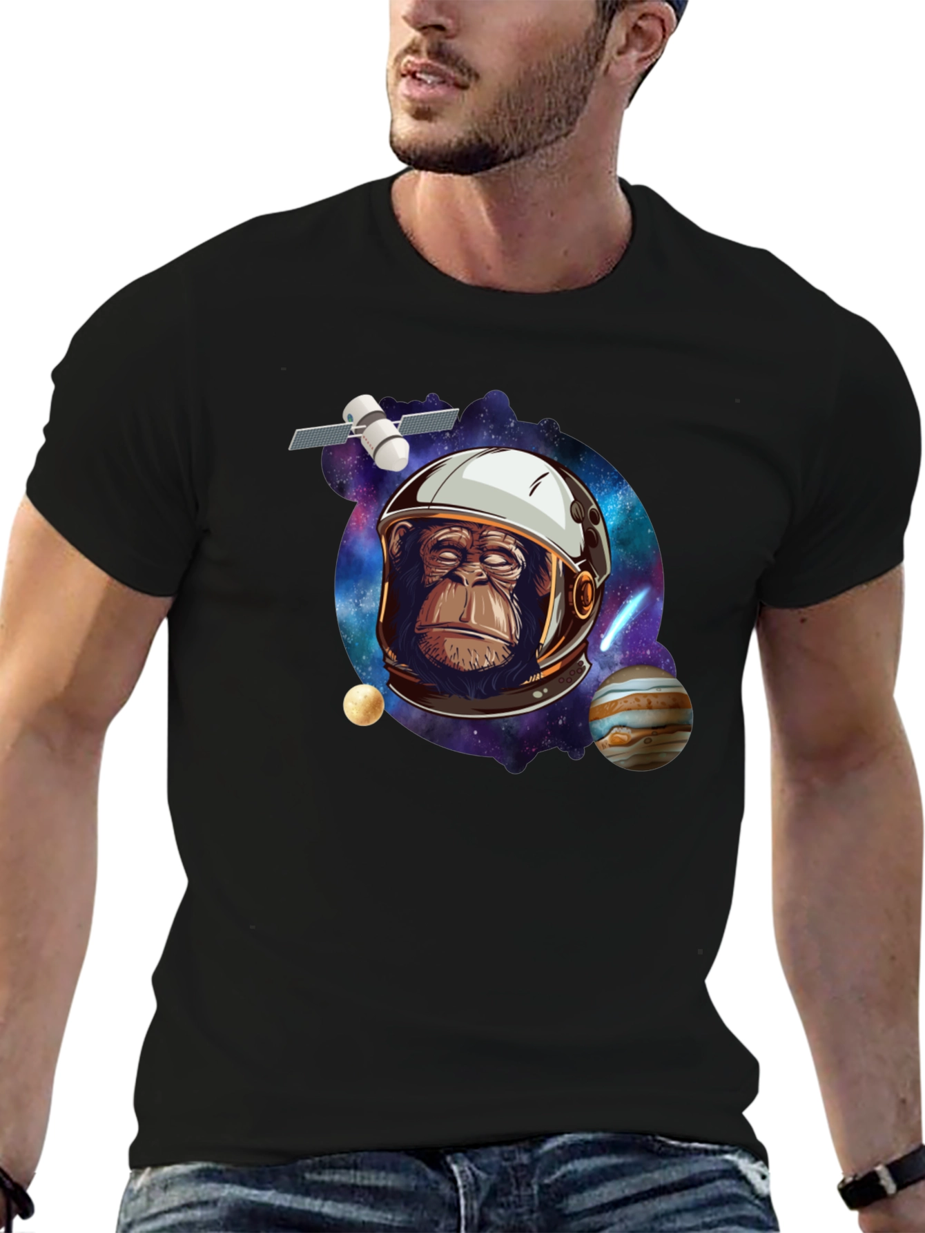 Space Chimp Graphic Tee - Black Cotton