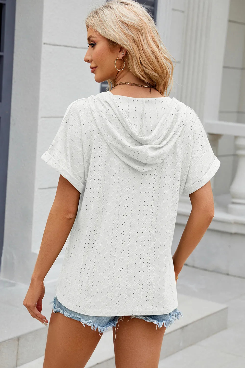 Solid color button hooded loose short sleeved T-shirt top for women