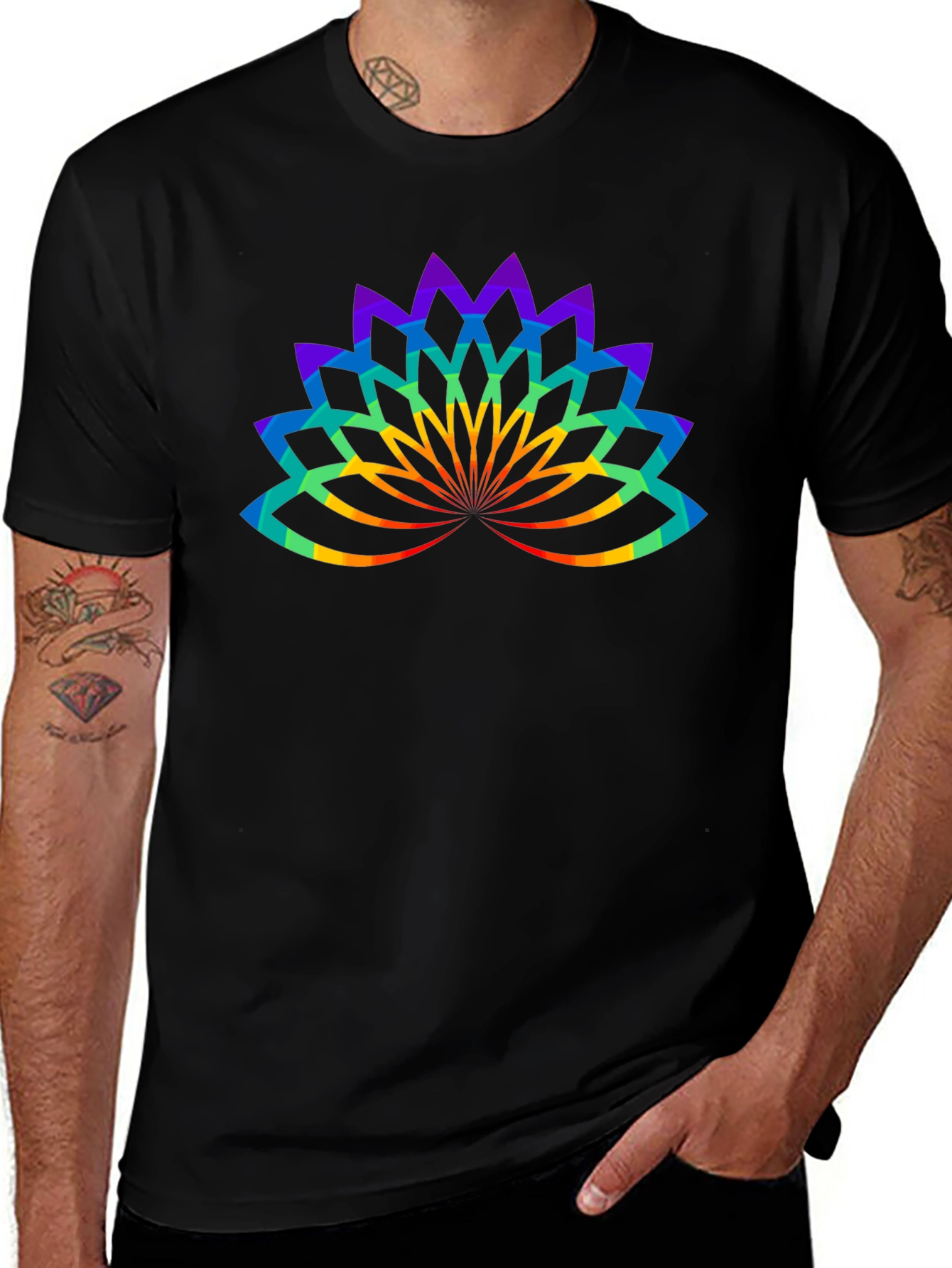 Rainbow Lotus Flower Graphic Black T-Shirt