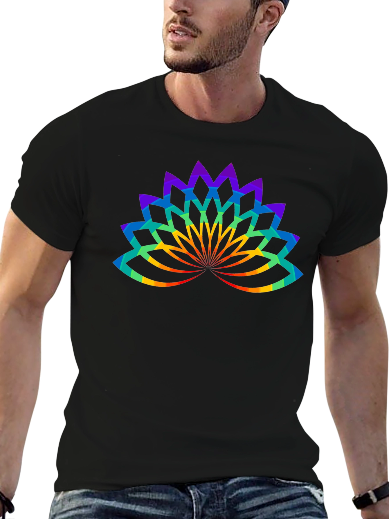 Rainbow Lotus Flower Graphic Black T-Shirt