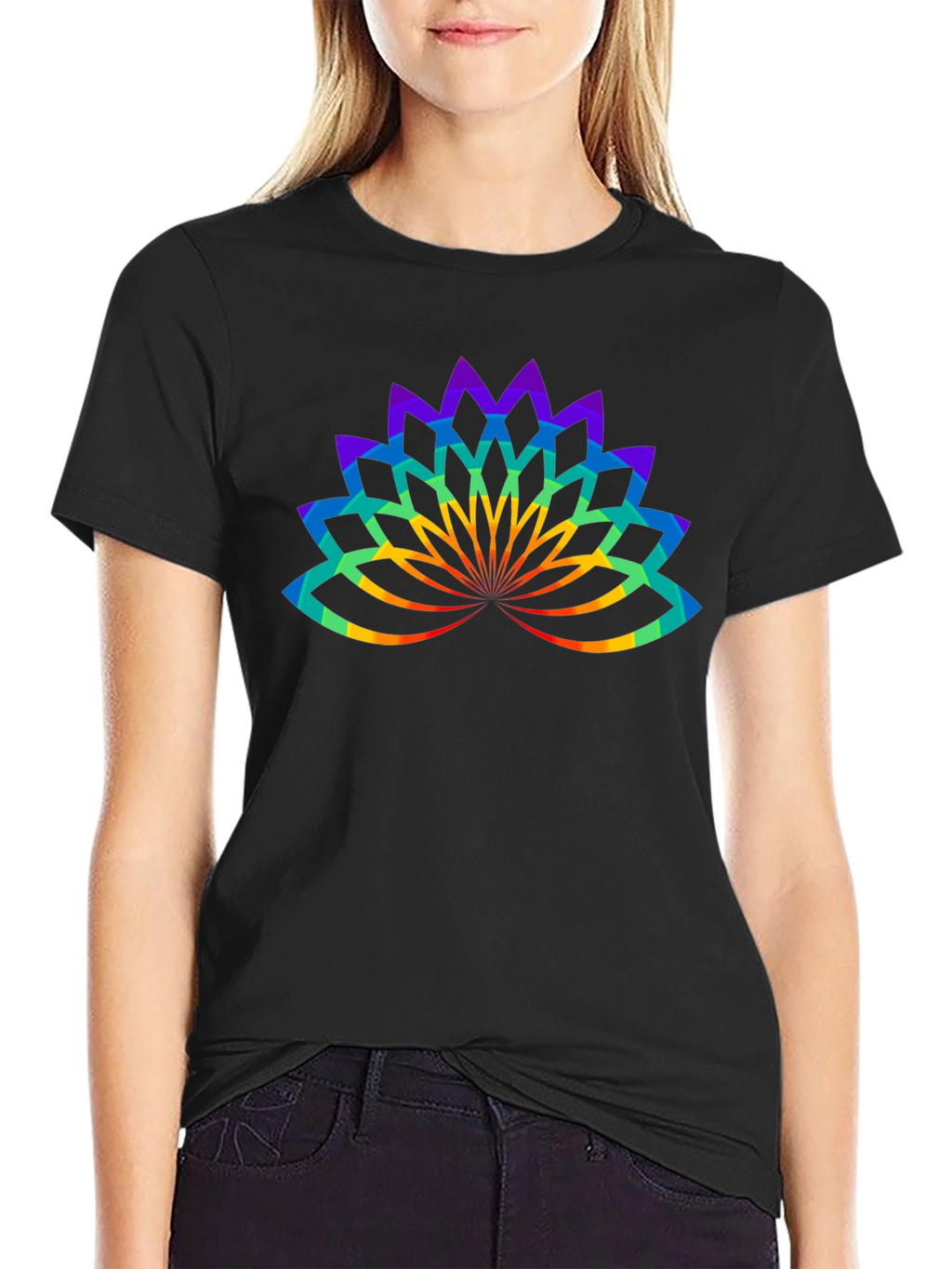Rainbow Lotus Flower Graphic Black T-Shirt