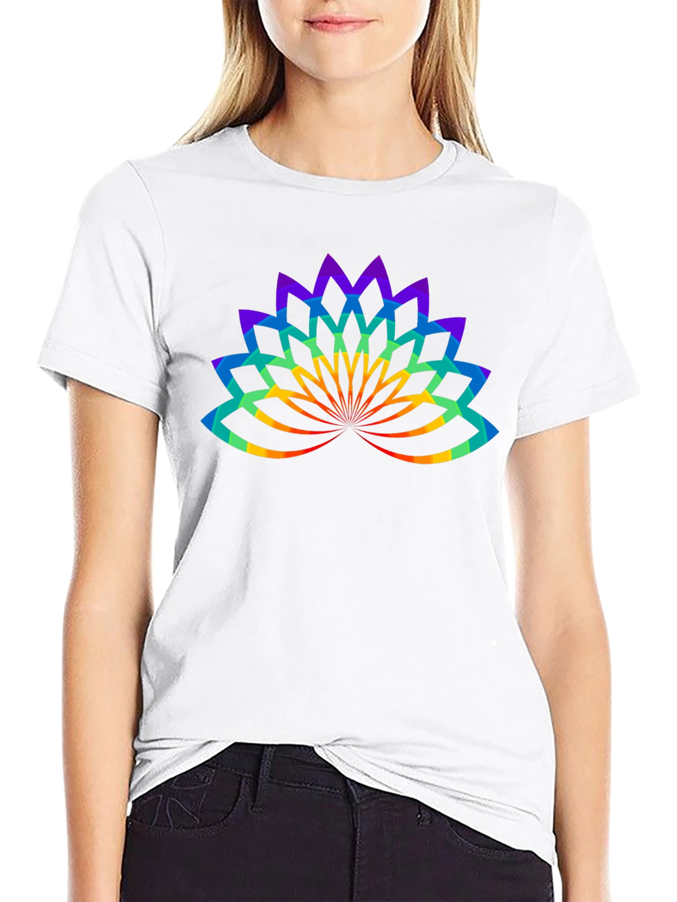 Rainbow Lotus Flower Graphic Black T-Shirt