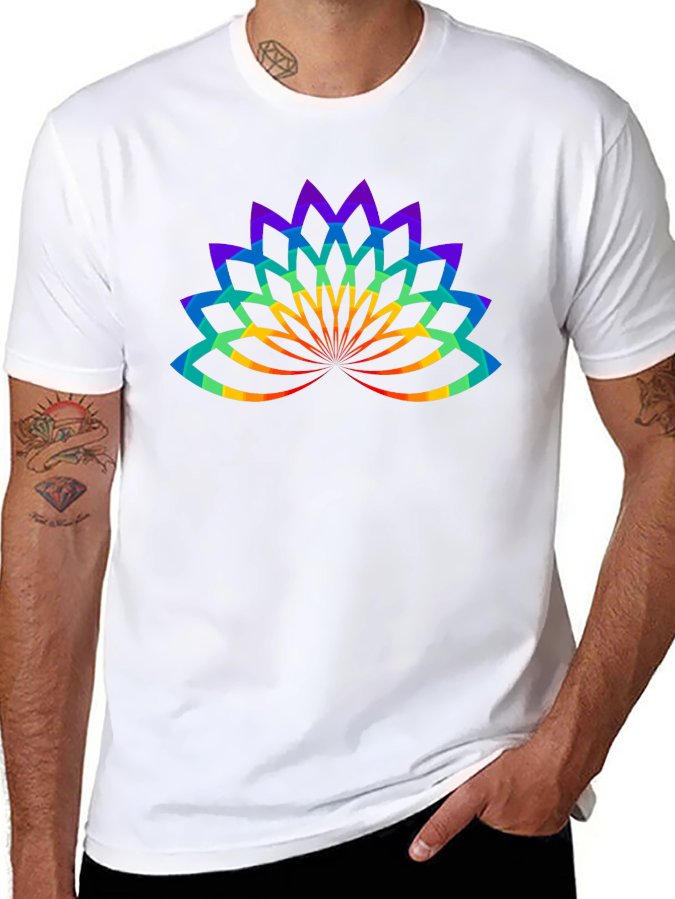 Rainbow Lotus Flower Graphic Black T-Shirt