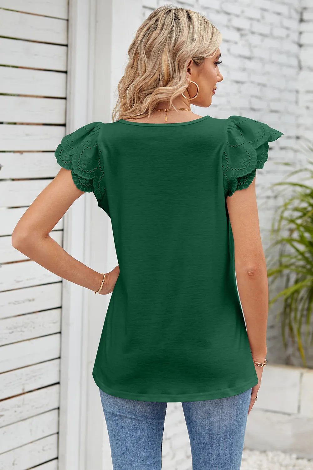 Solid color lace patchwork square collar petal short sleeved T-shirt top for women