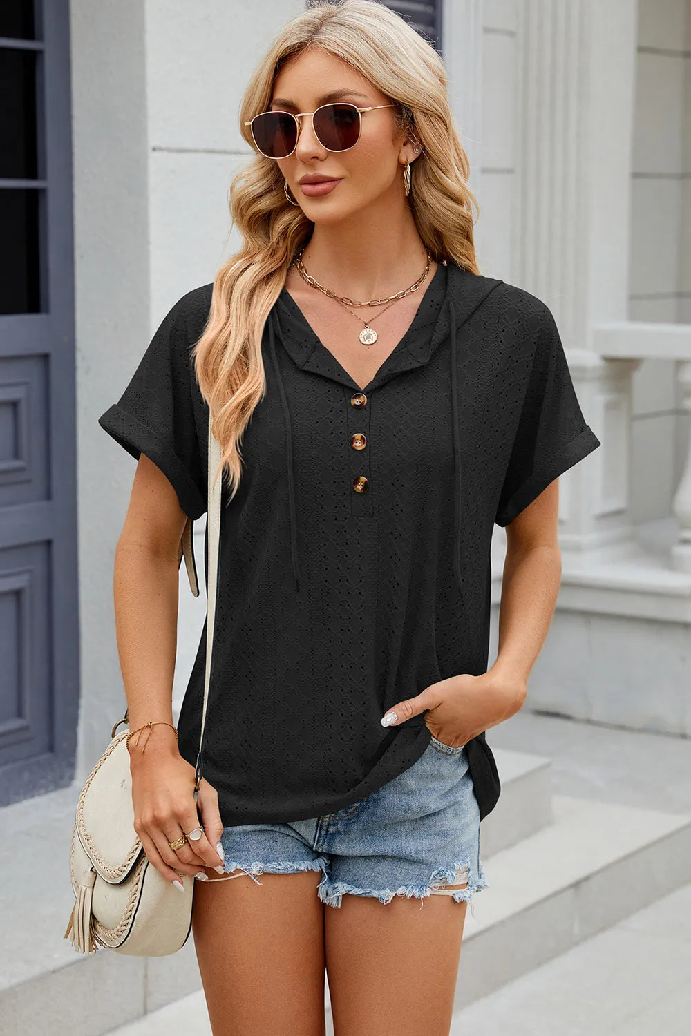 Solid color button hooded loose short sleeved T-shirt top for women