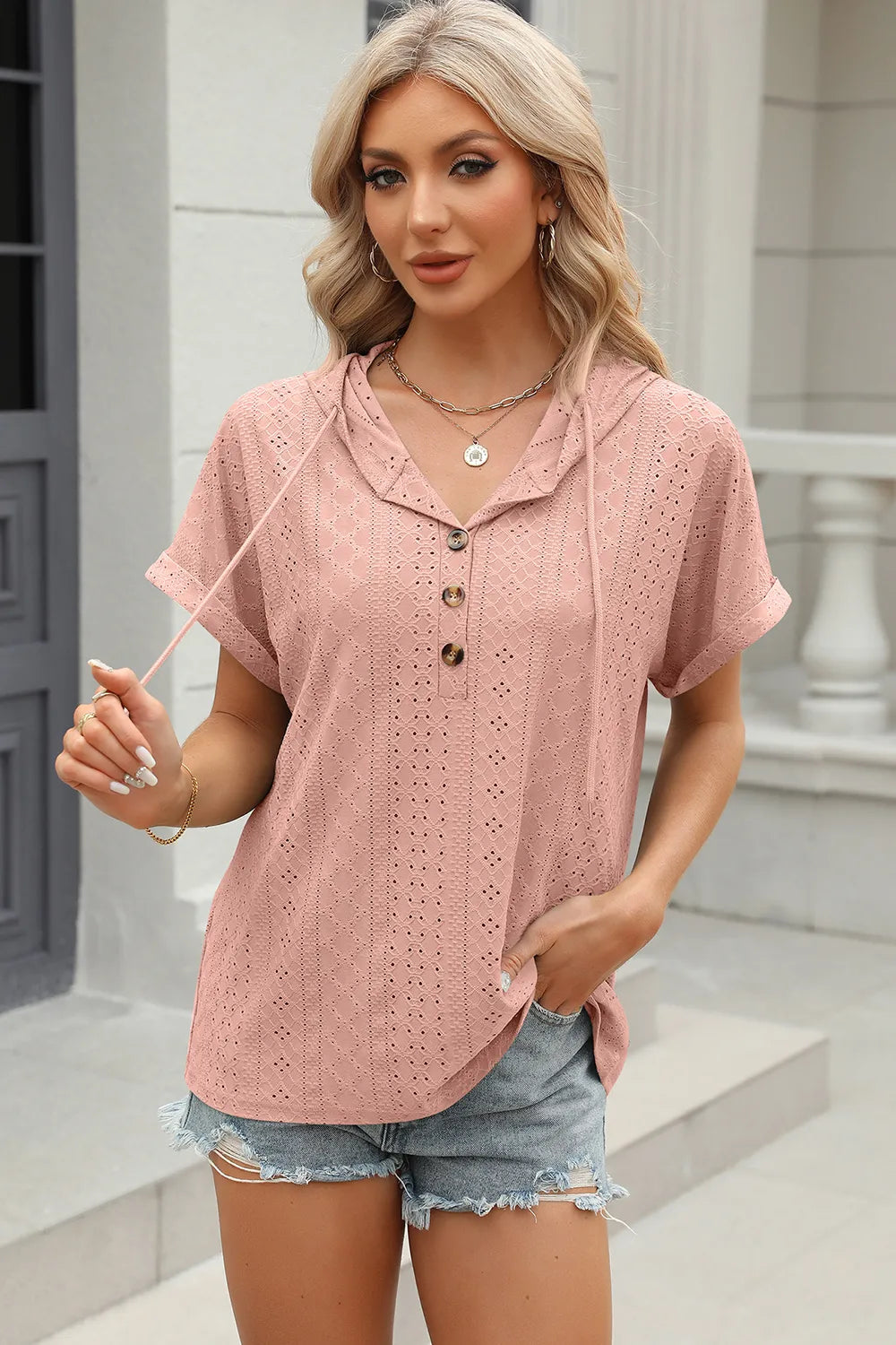 Solid color button hooded loose short sleeved T-shirt top for women
