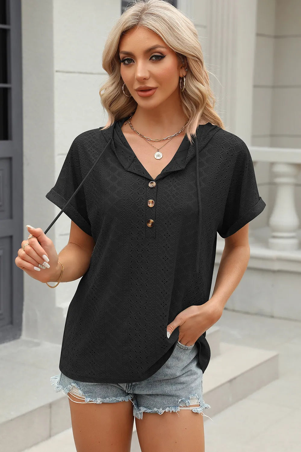 Solid color button hooded loose short sleeved T-shirt top for women