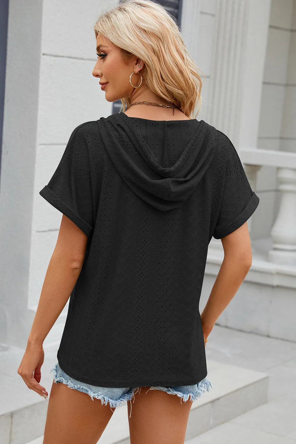 Solid color button hooded loose short sleeved T-shirt top for women