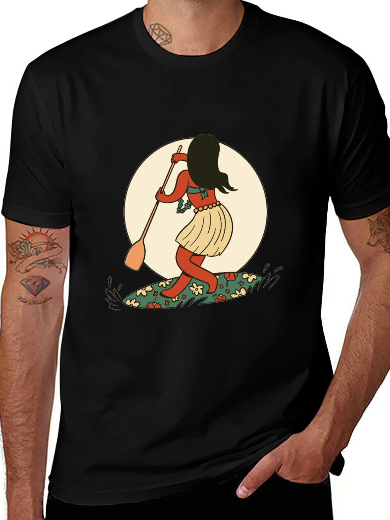 Surfer Girl Graphic Tee - Black Cotton T-Shirt