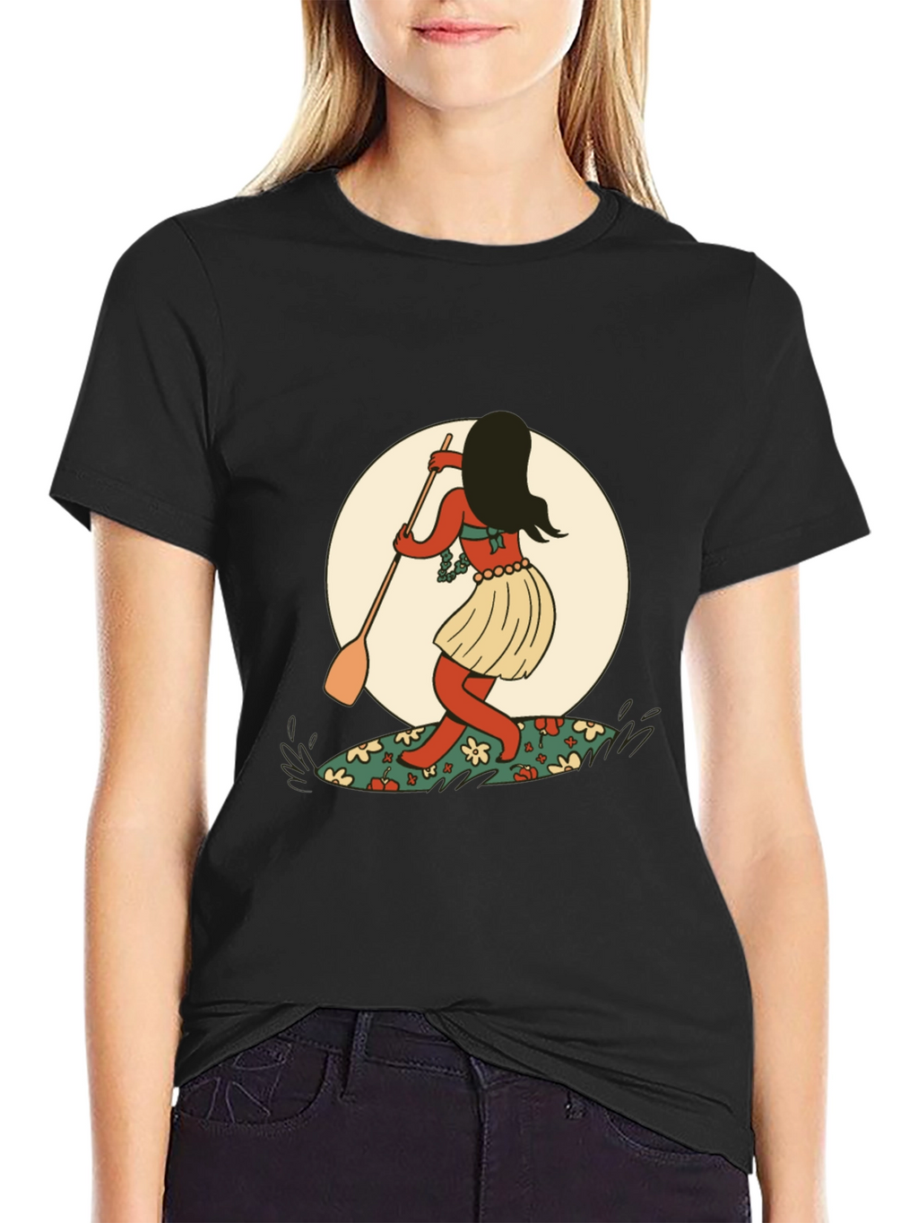 Surfer Girl Graphic Tee - Black Cotton T-Shirt
