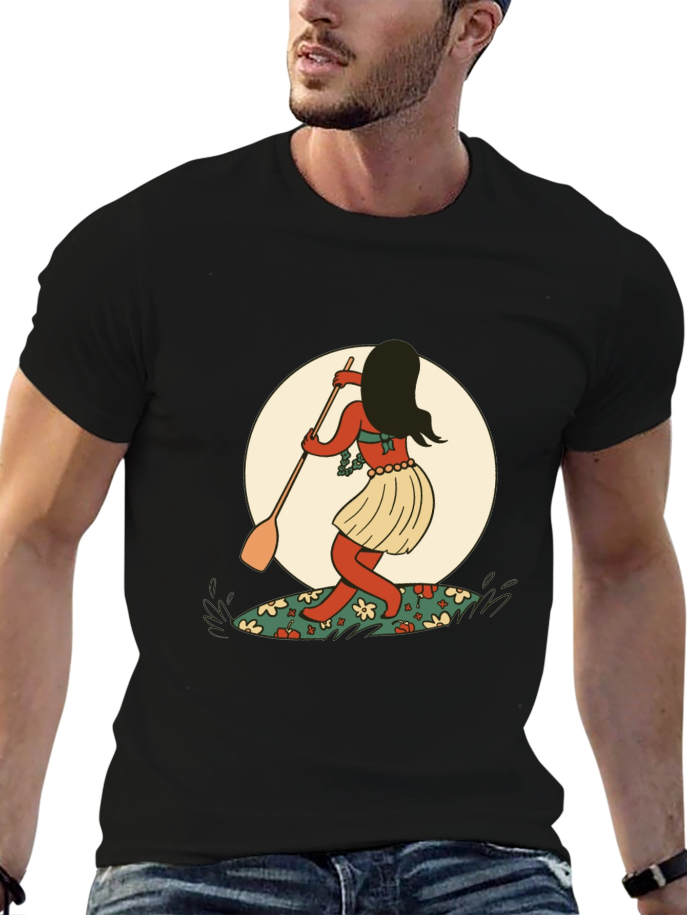 Surfer Girl Graphic Tee - Black Cotton T-Shirt