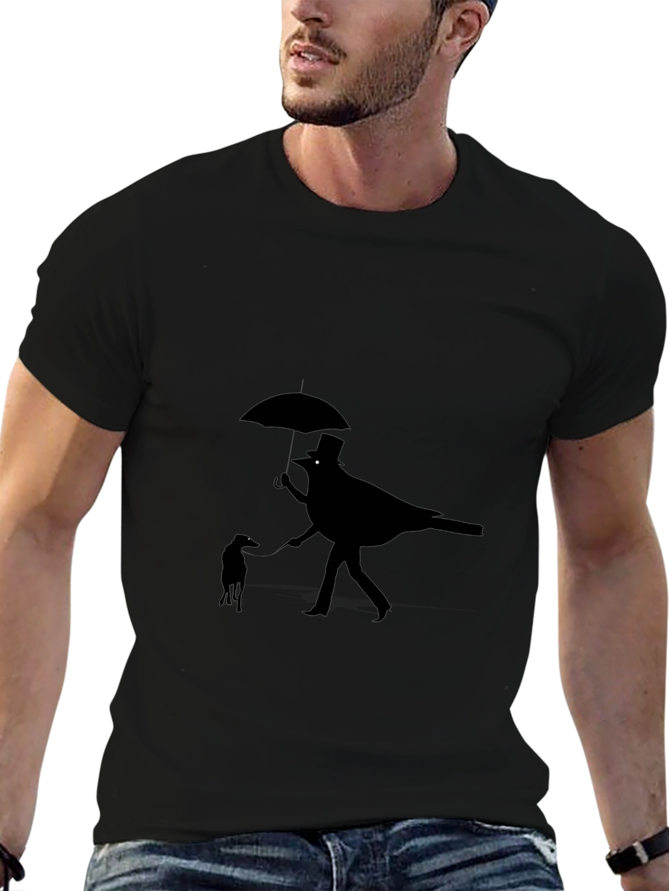 Whimsical Bird & Dog Black Graphic Tee