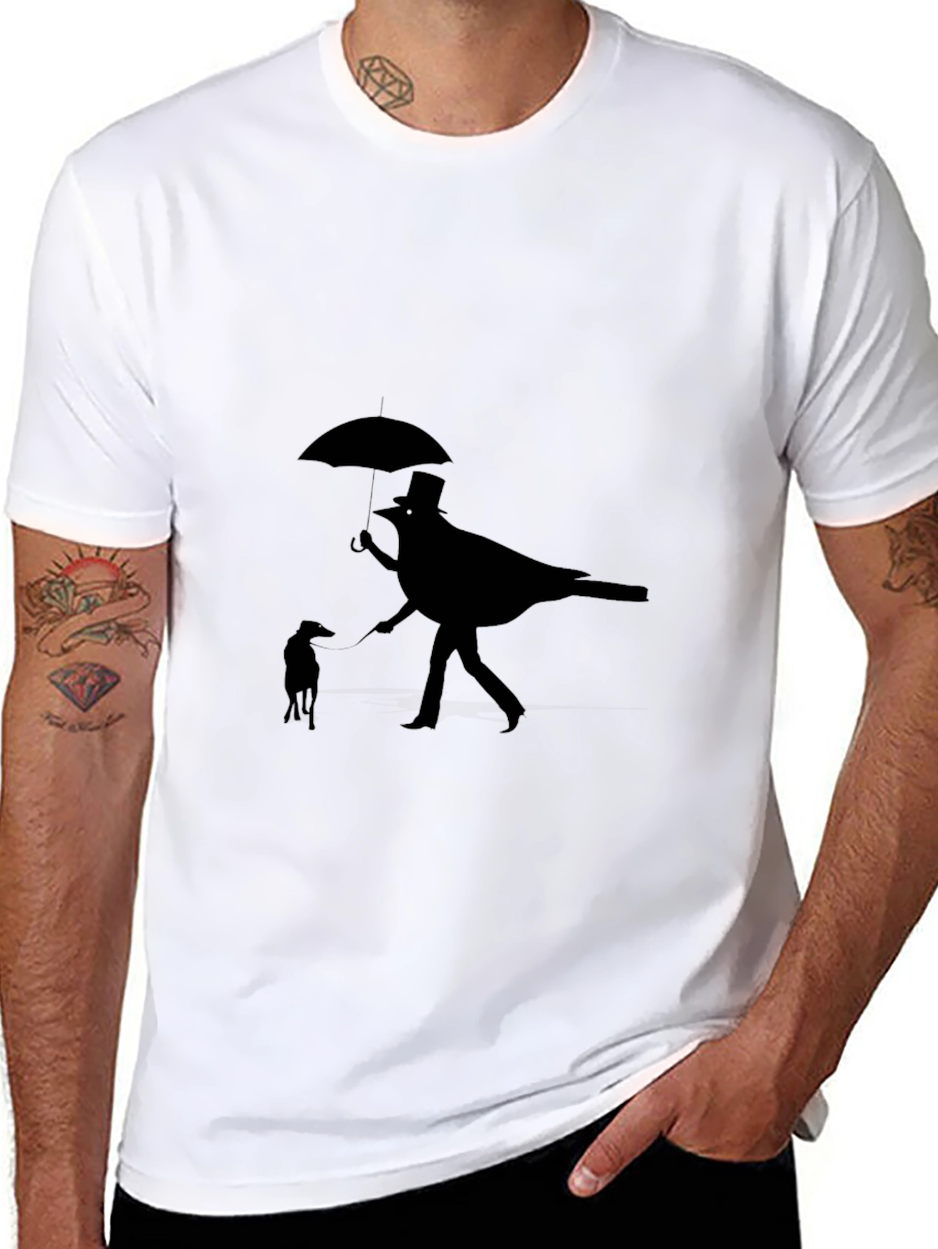 Whimsical Bird & Dog Black Graphic Tee