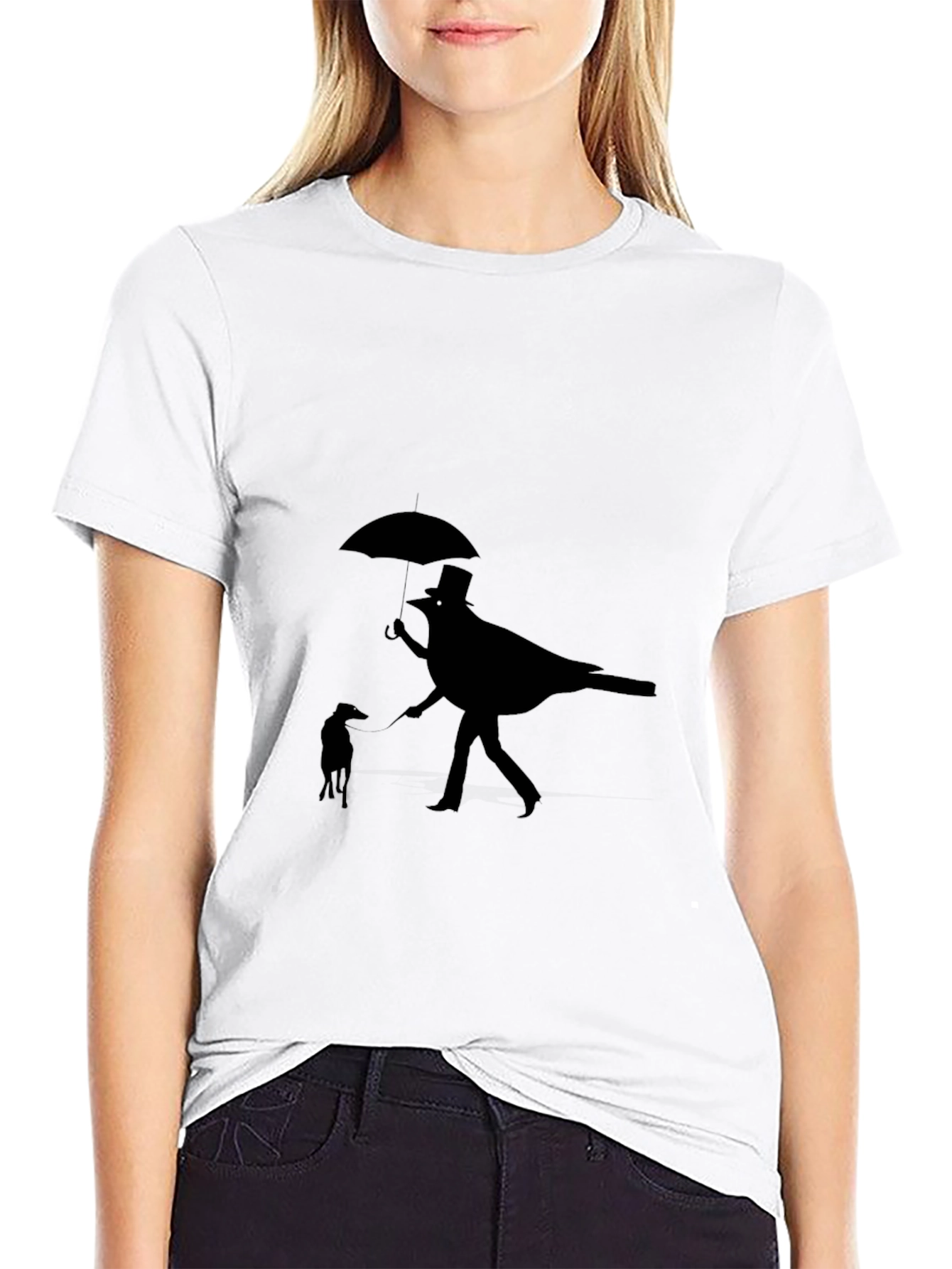 Whimsical Bird & Dog Black Graphic Tee