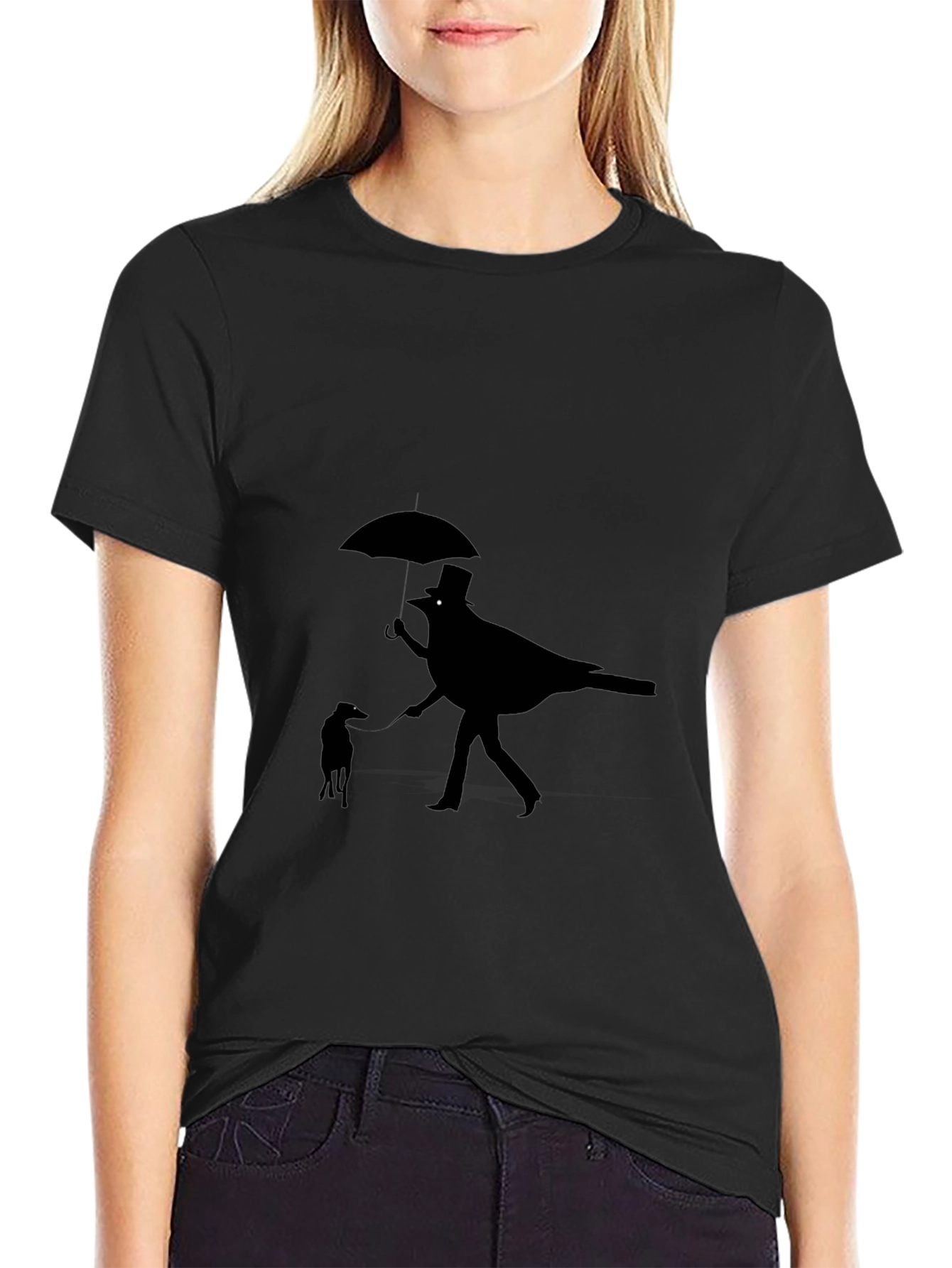 Whimsical Bird & Dog Black Graphic Tee