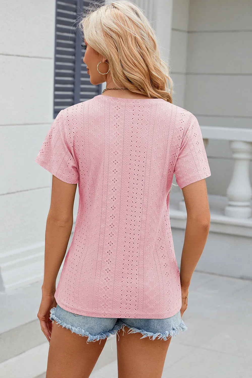 Solid color V-neck cross loose short sleeved T-shirt top for women