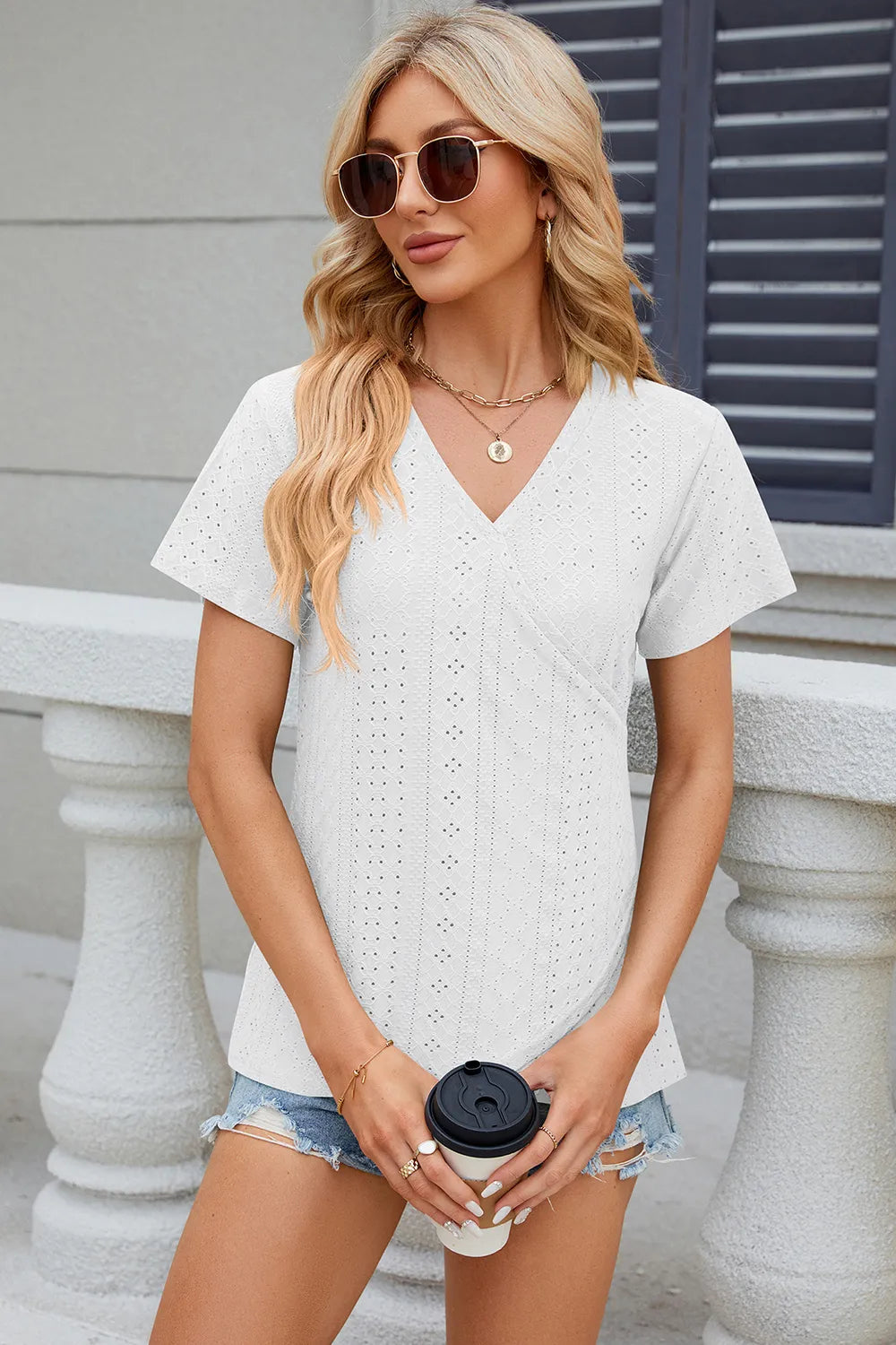 Solid color V-neck cross loose short sleeved T-shirt top for women