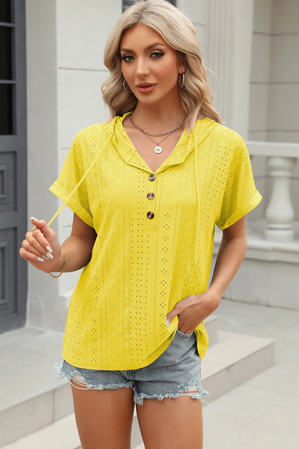 Solid color button hooded loose short sleeved T-shirt top for women