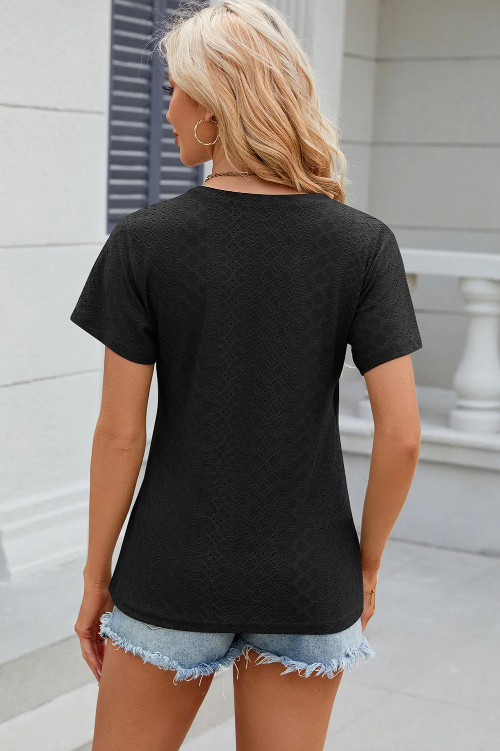 Solid color V-neck cross loose short sleeved T-shirt top for women