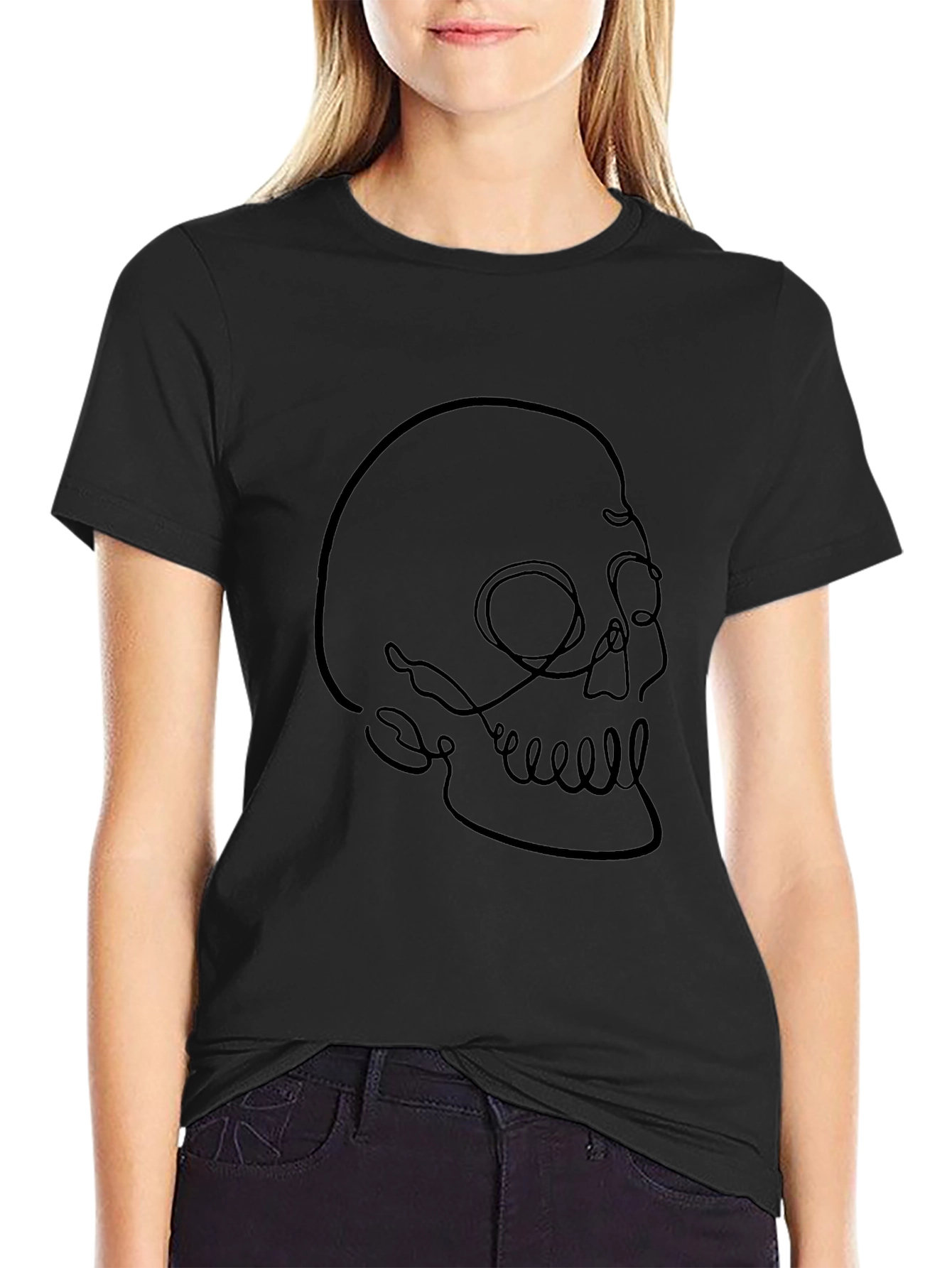 Minimalist Skull Line Art Black T-Shirt