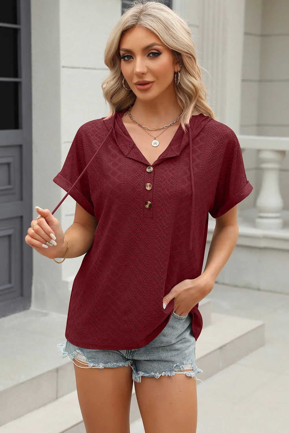 Solid color button hooded loose short sleeved T-shirt top for women