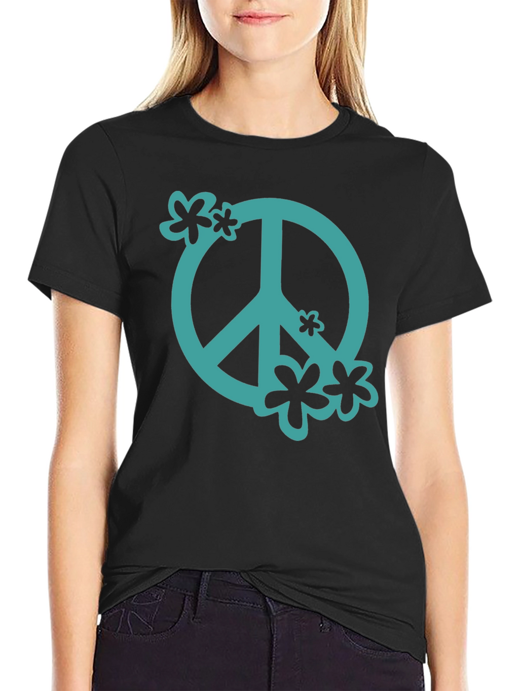 Peace Sign Graphic Tee - Black Cotton Casual Shirt
