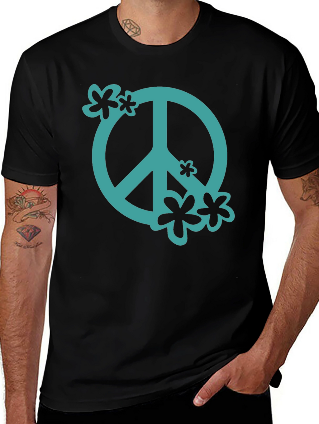 Peace Sign Graphic Tee - Black Cotton Casual Shirt