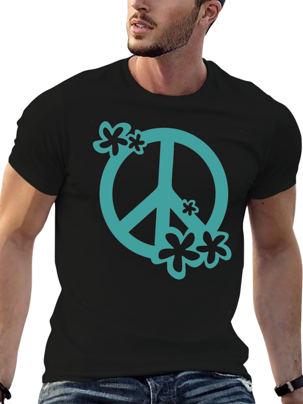 Peace Sign Graphic Tee - Black Cotton Casual Shirt