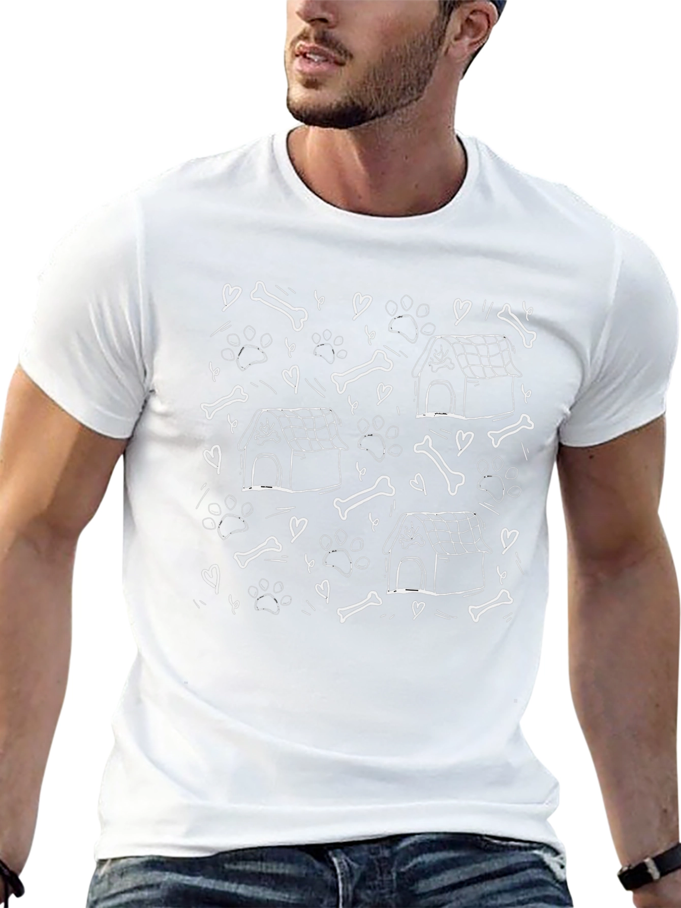 Dog Lovers Graphic Tee - Bones Paw Prints and Doghouses