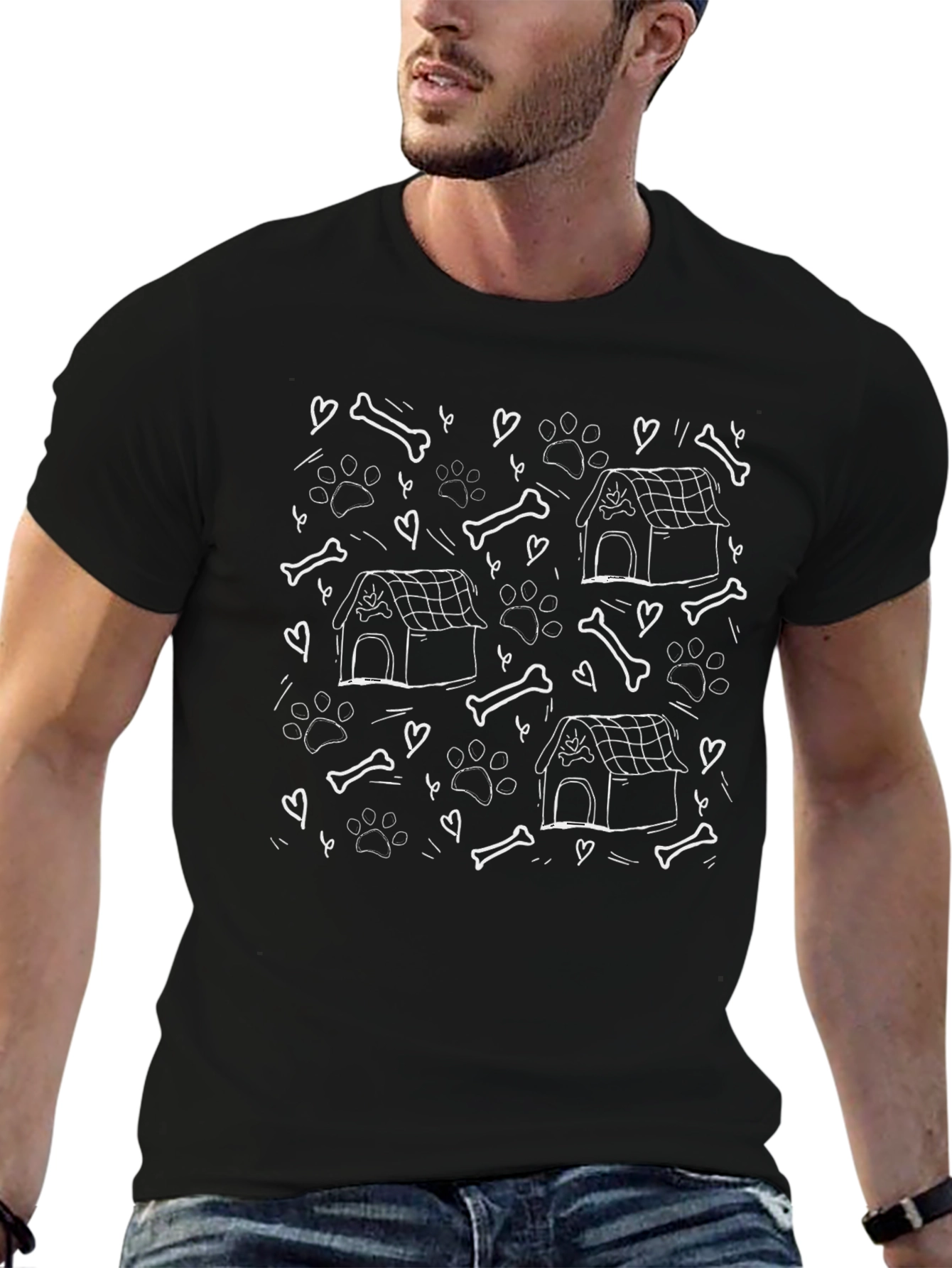 Dog Lovers Graphic Tee - Bones Paw Prints and Doghouses