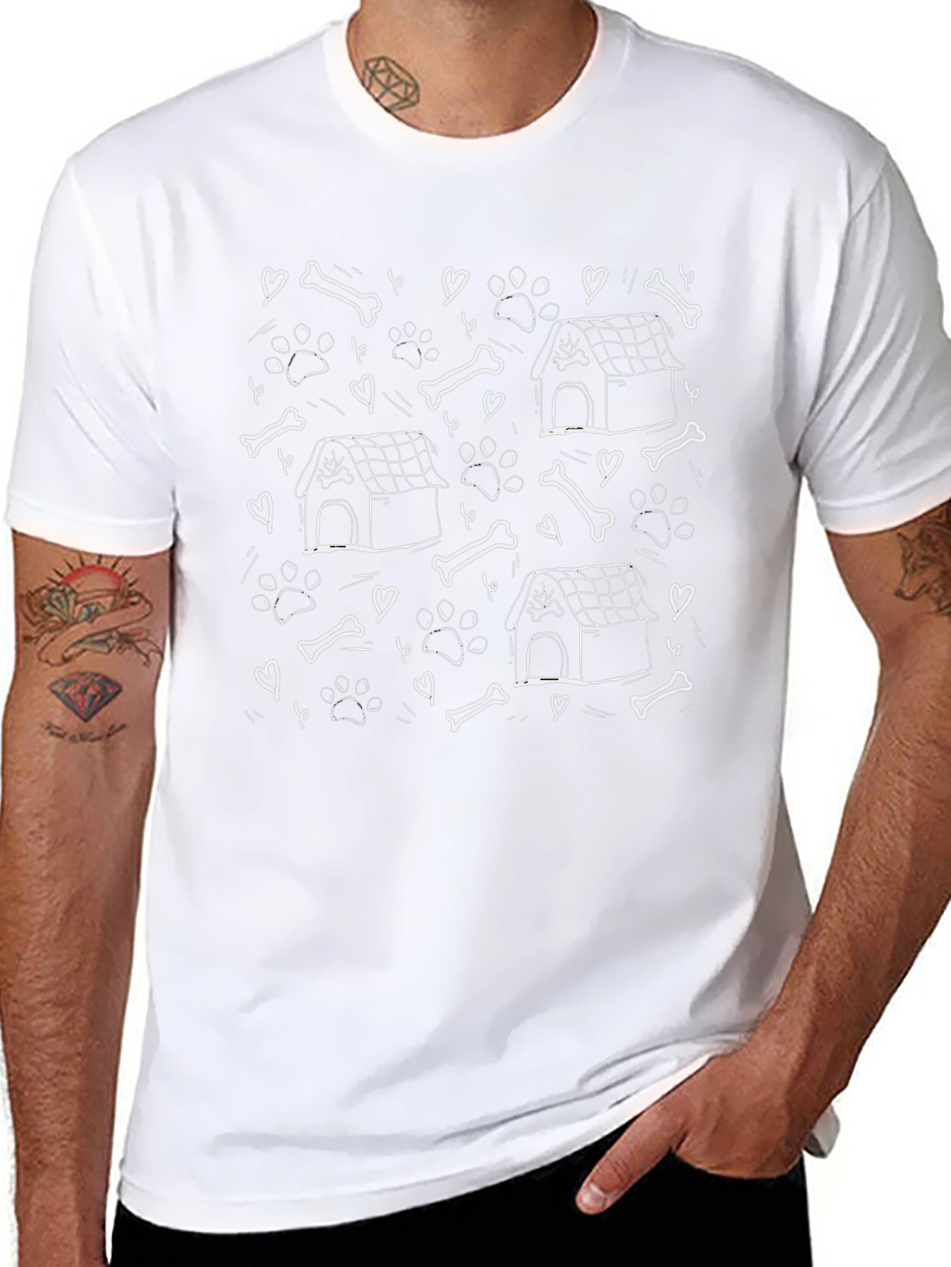 Dog Lovers Graphic Tee - Bones Paw Prints and Doghouses