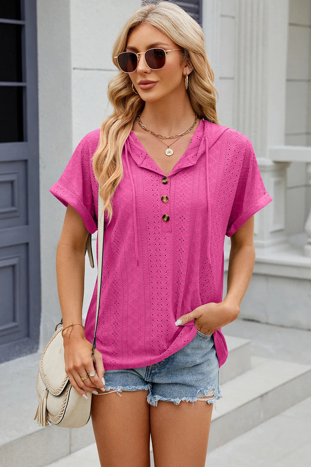 Solid color button hooded loose short sleeved T-shirt top for women