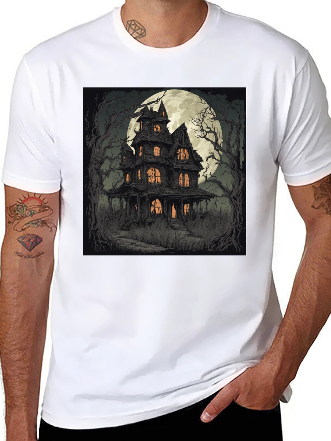 Haunted House Graphic Tee - Spooky Halloween Style
