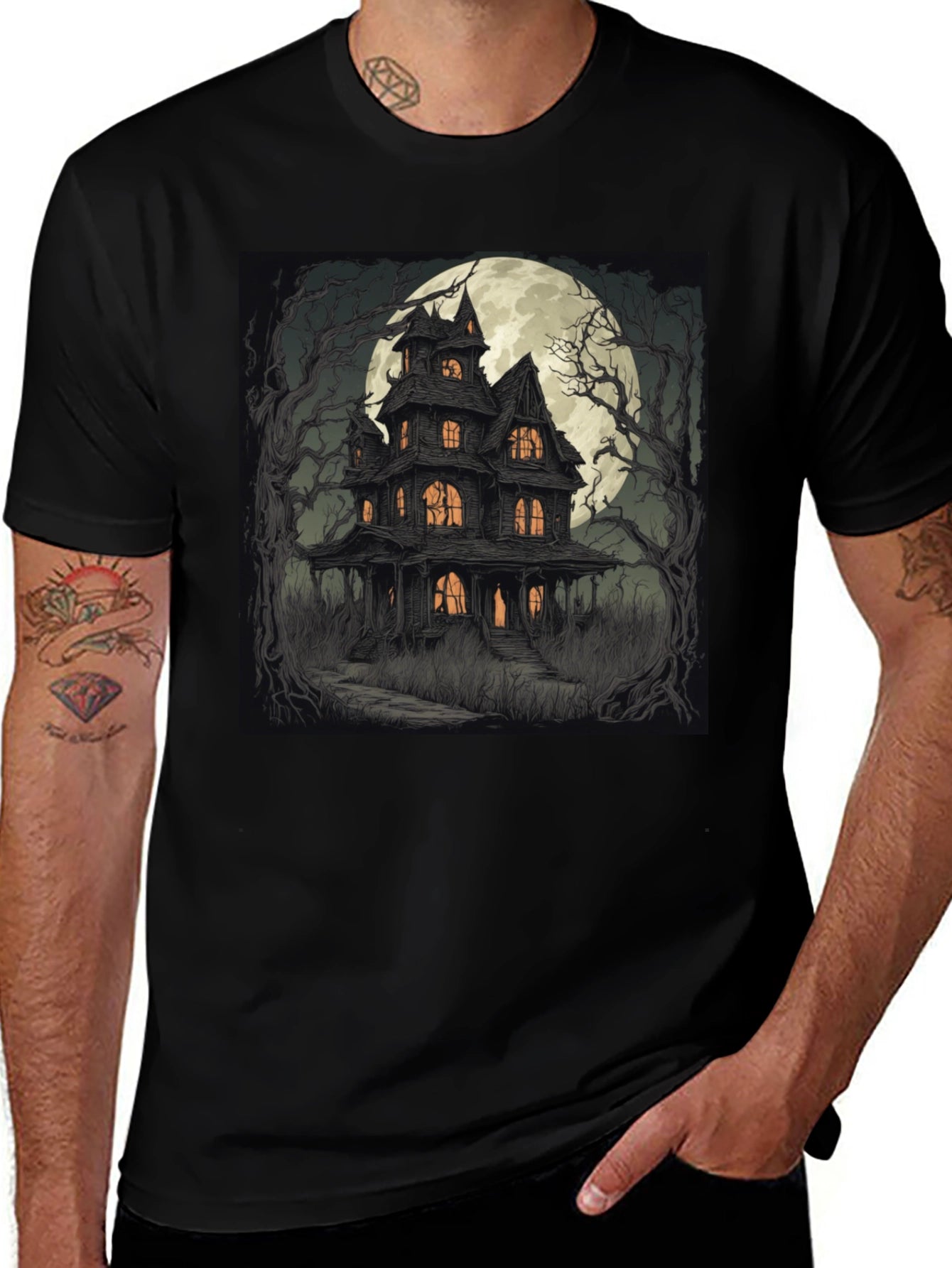 Haunted House Graphic Tee - Spooky Halloween Style
