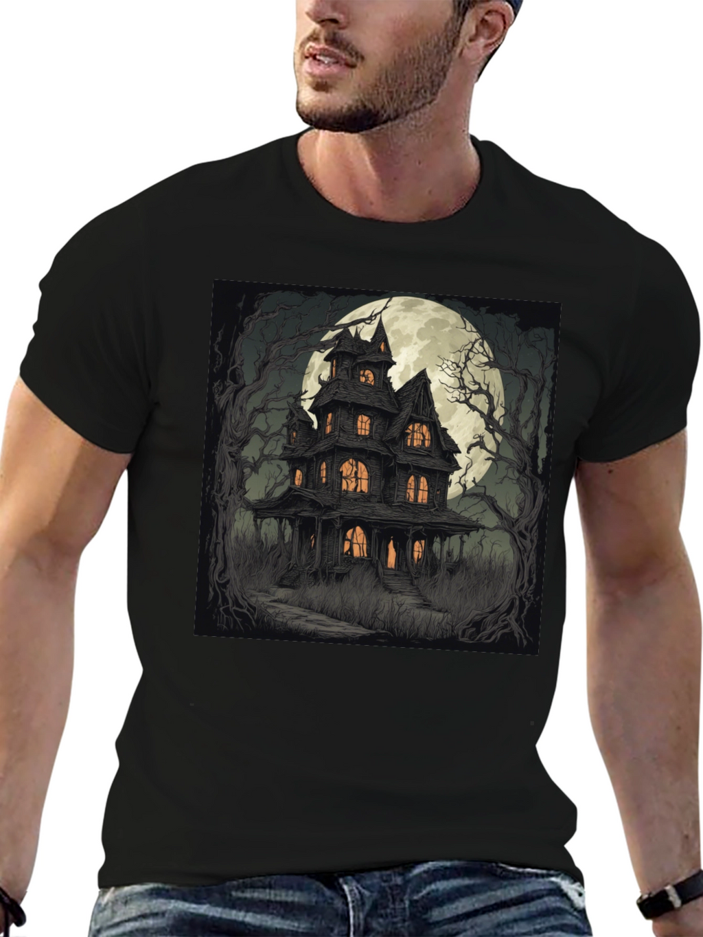 Haunted House Graphic Tee - Spooky Halloween Style