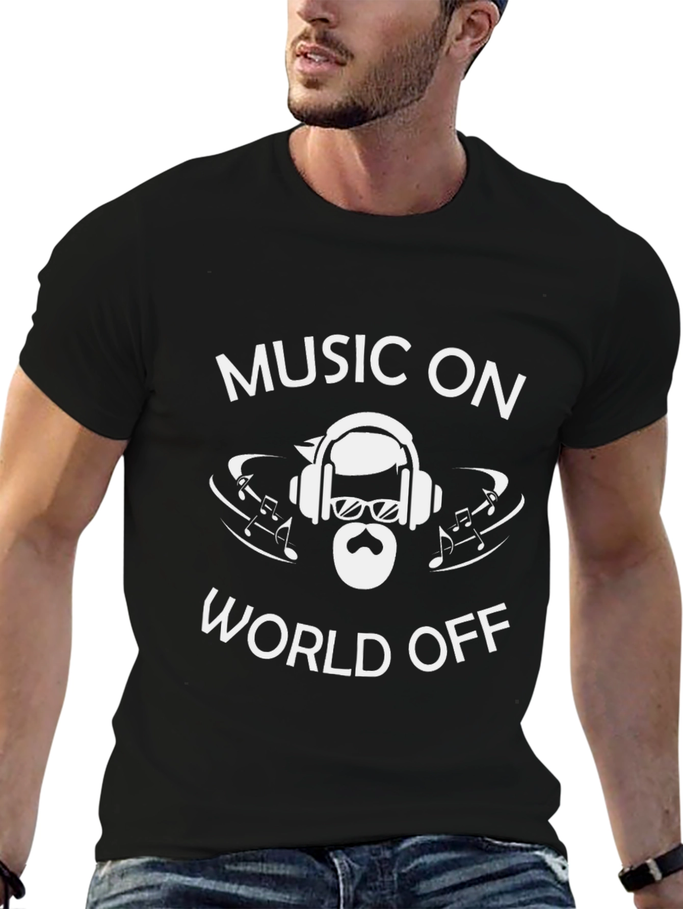 Music On World Off Black Graphic Tee