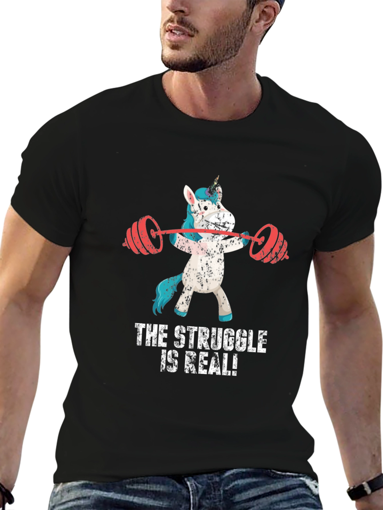 Funny Gym Unicorn Graphic Tee - The Struggle Is Real!