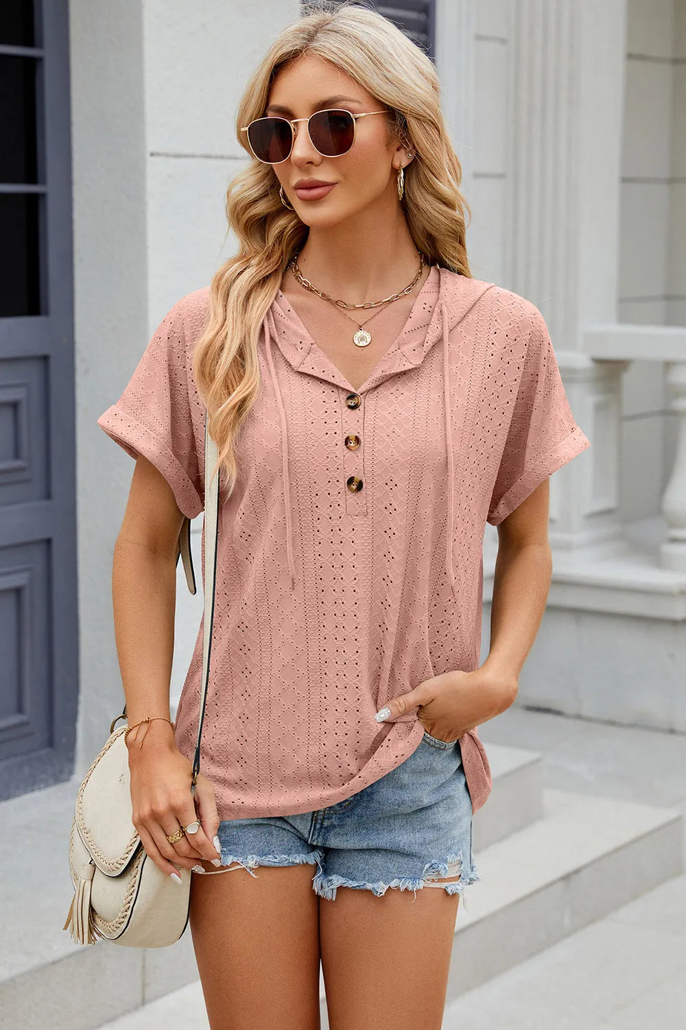 Solid color button hooded loose short sleeved T-shirt top for women