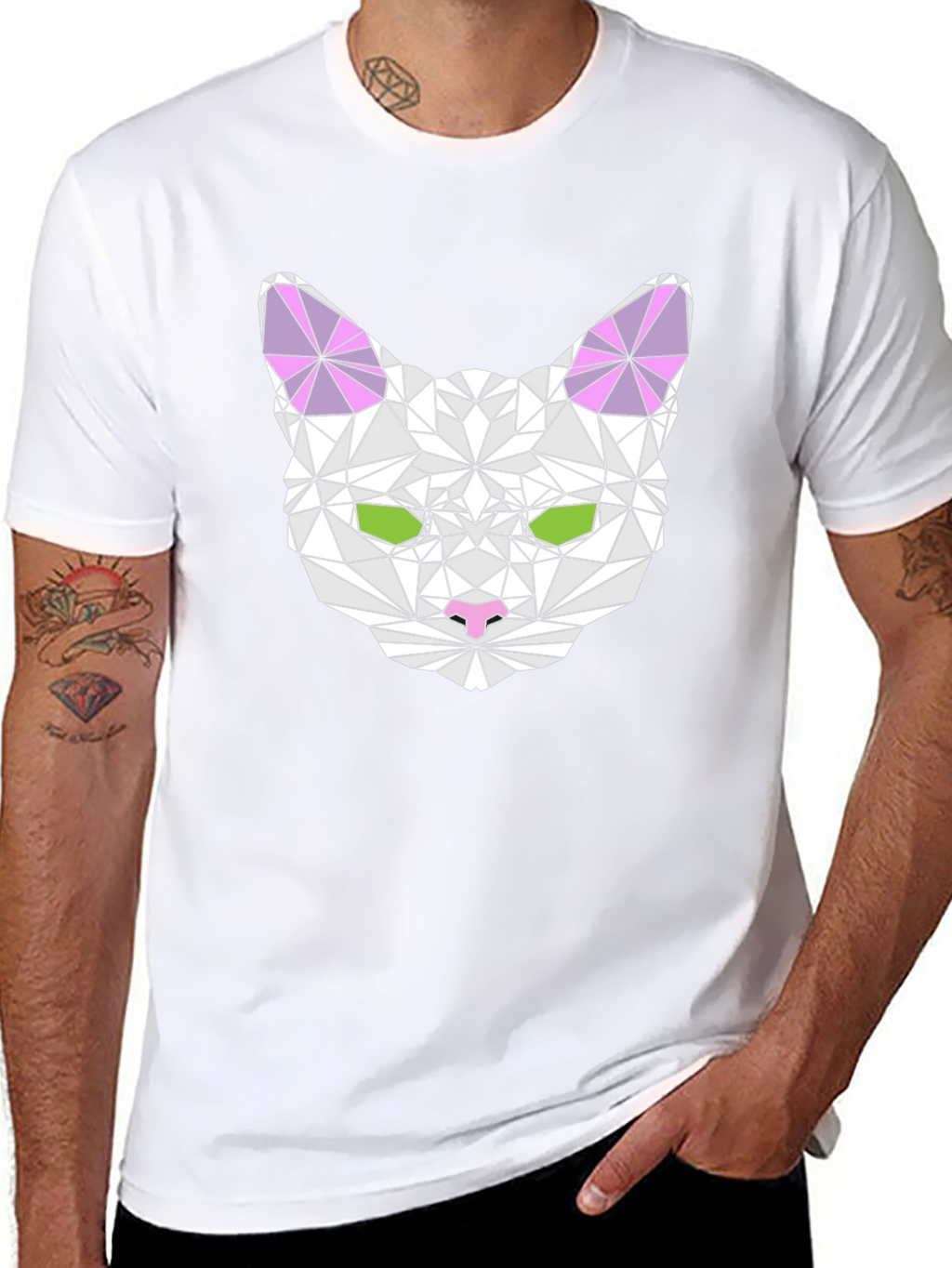 Geometric Cat Head Graphic T-Shirt - Black