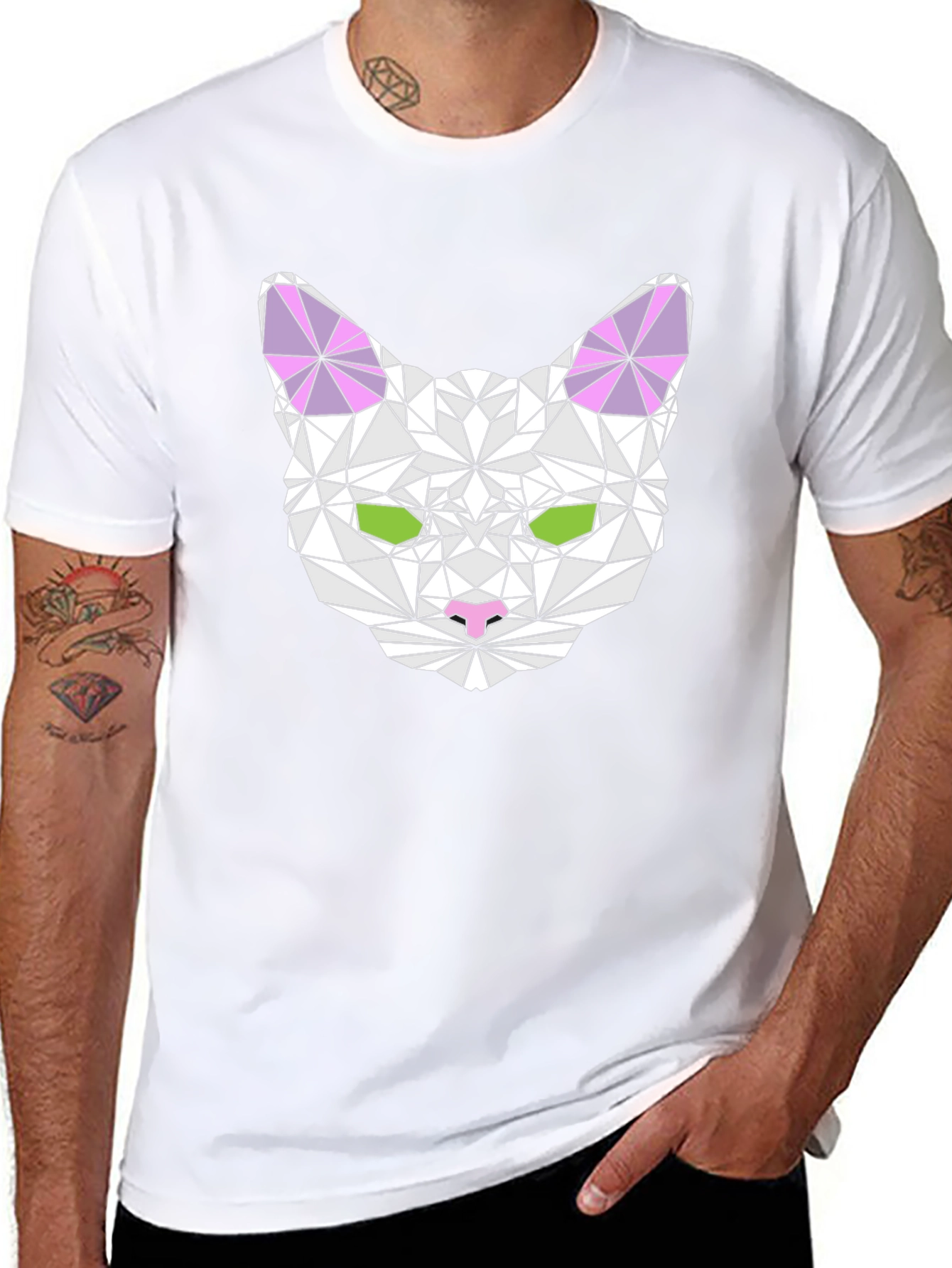 Geometric Cat Head Graphic T-Shirt - Black