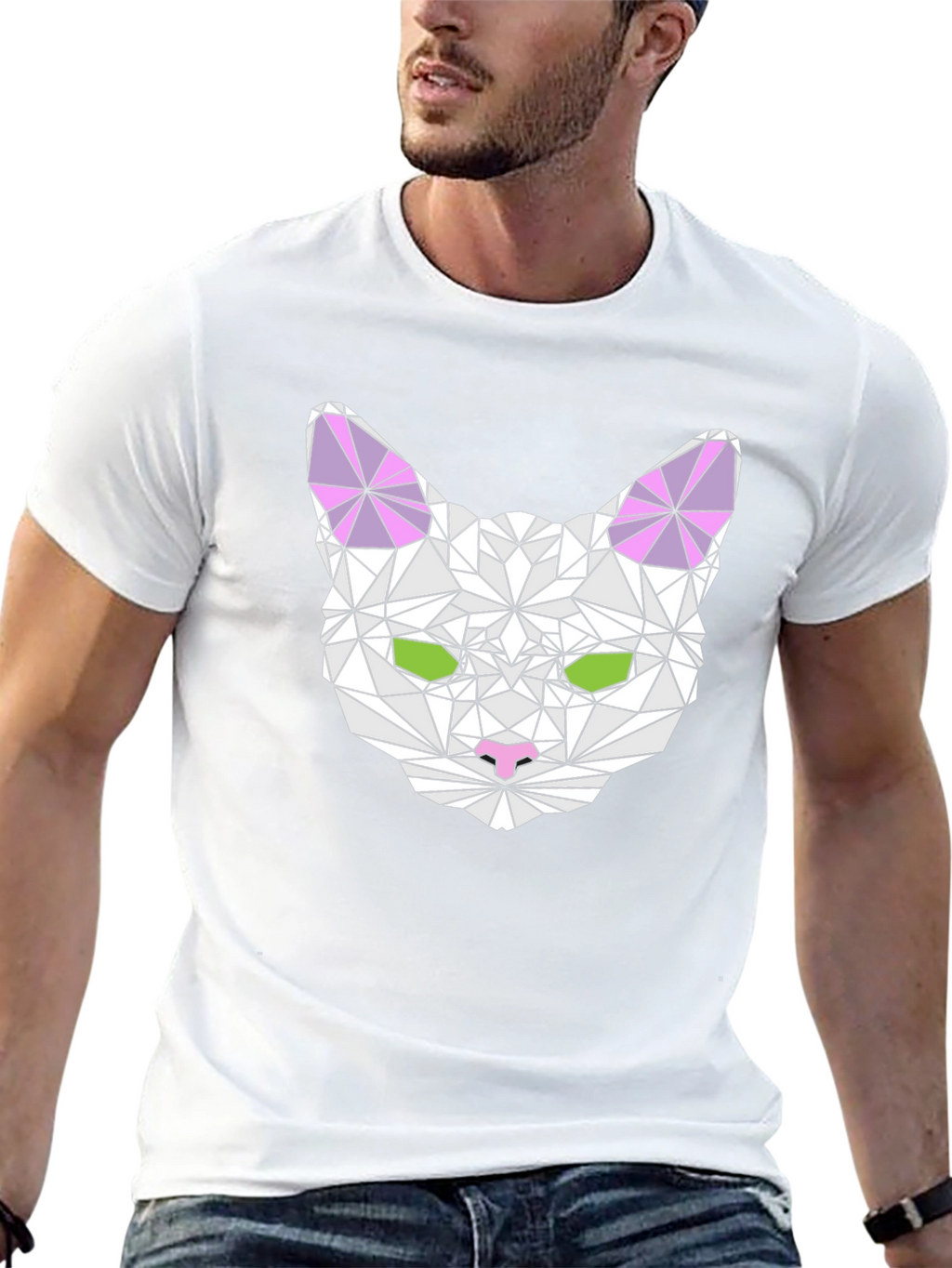 Geometric Cat Head Graphic T-Shirt - Black