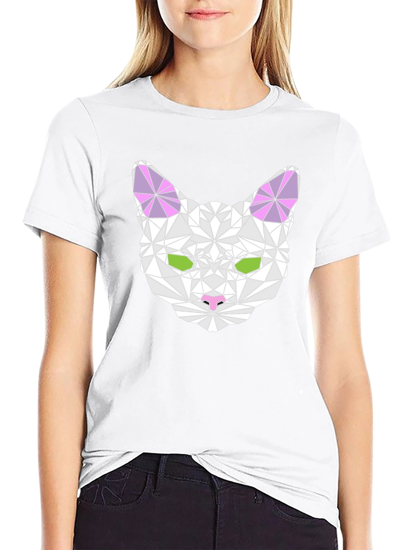 Geometric Cat Head Graphic T-Shirt - Black