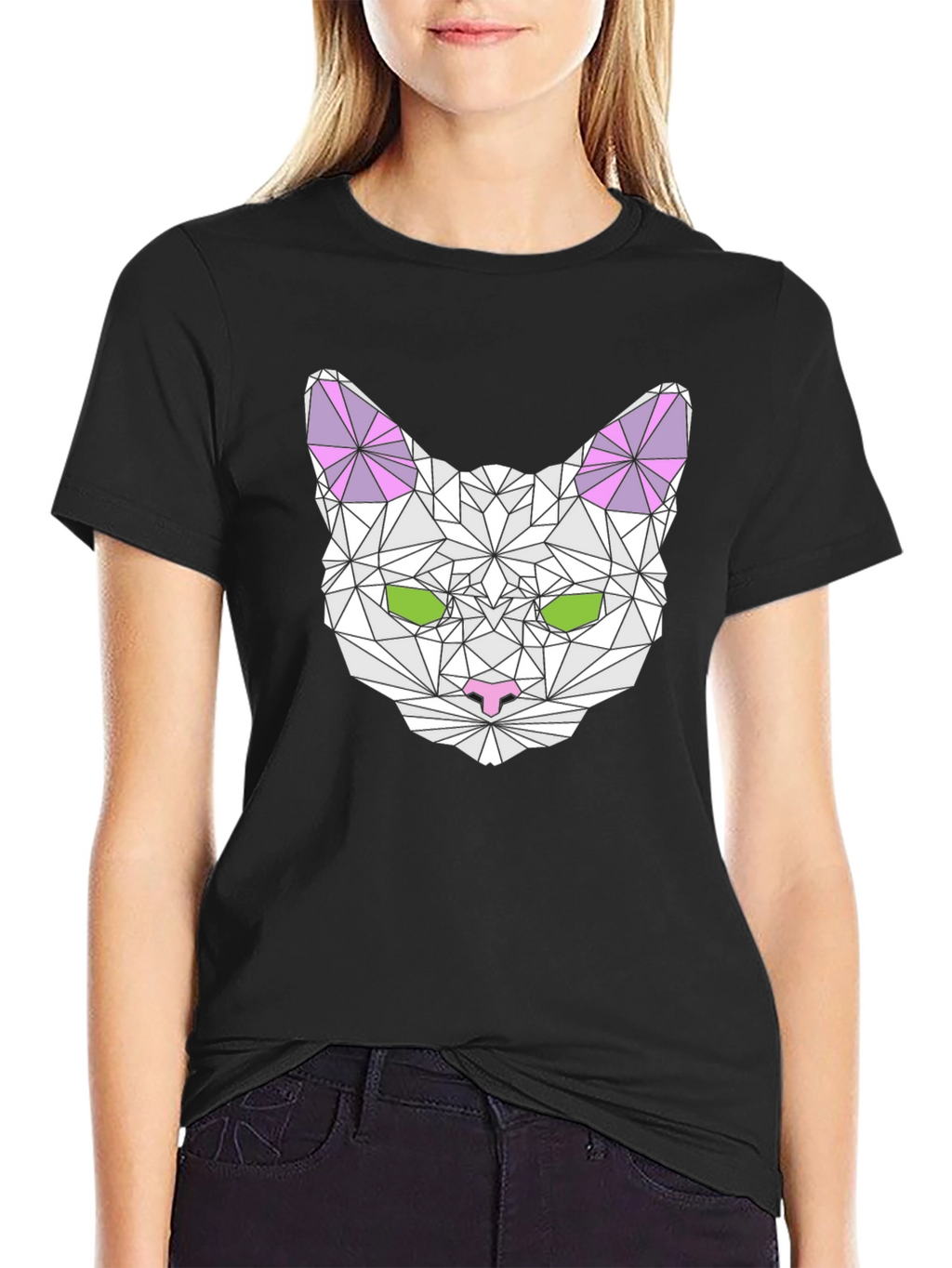 Geometric Cat Head Graphic T-Shirt - Black