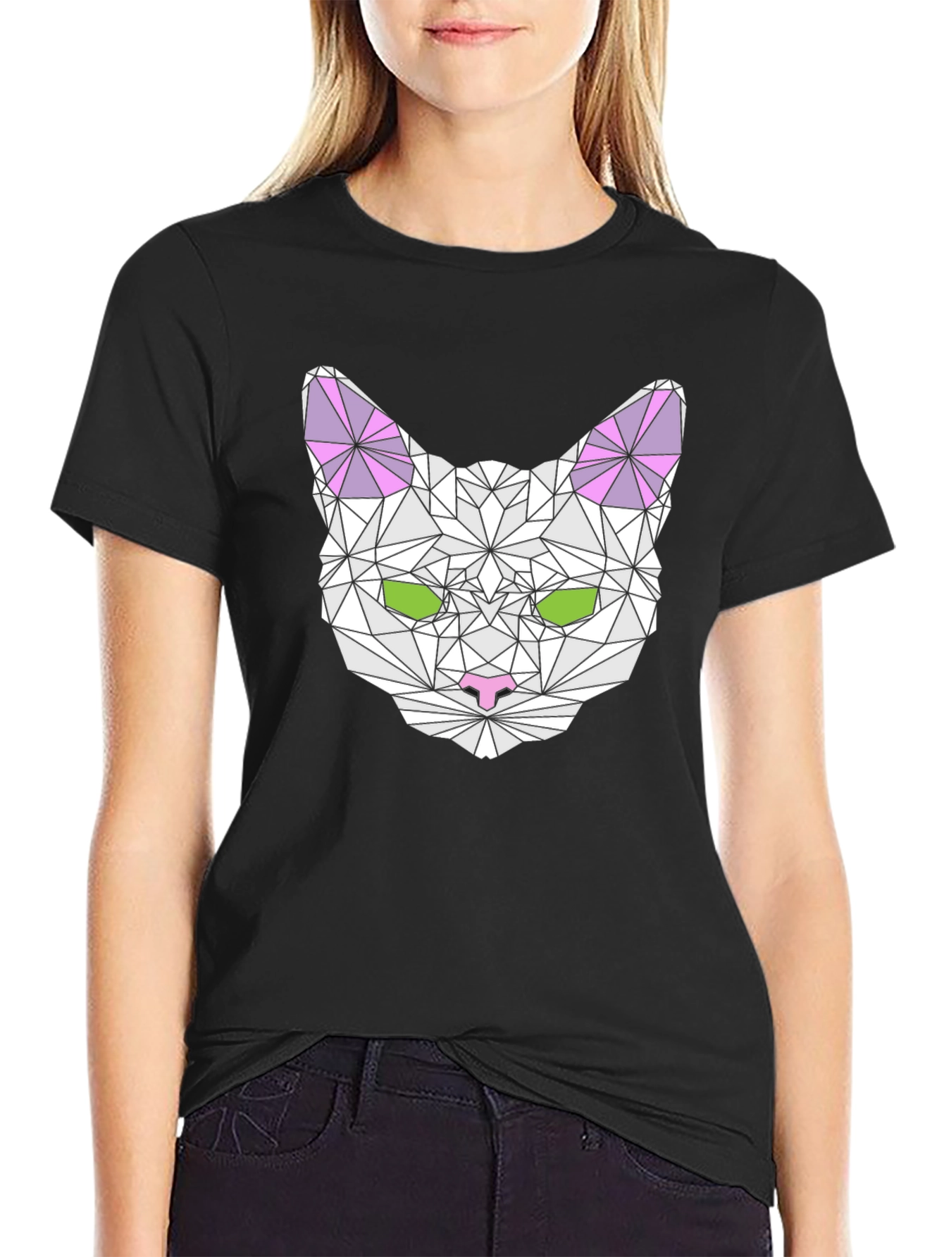 Geometric Cat Head Graphic T-Shirt - Black
