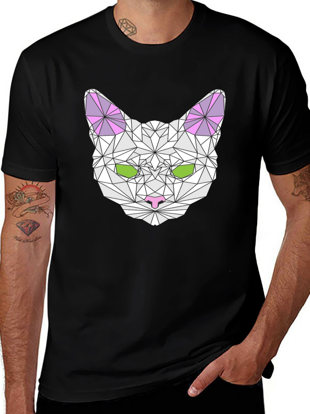 Geometric Cat Head Graphic T-Shirt - Black